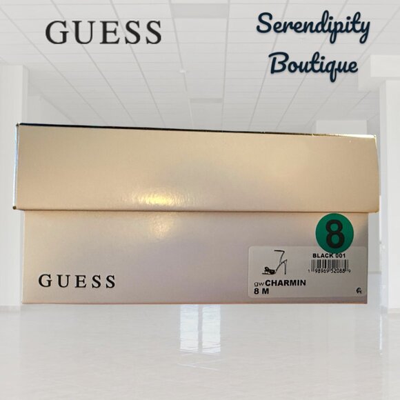 Guess Black Satin and Faux Diamond Loopy Bow Feminine Strapy Dress High Heels - Picture 4 of 6